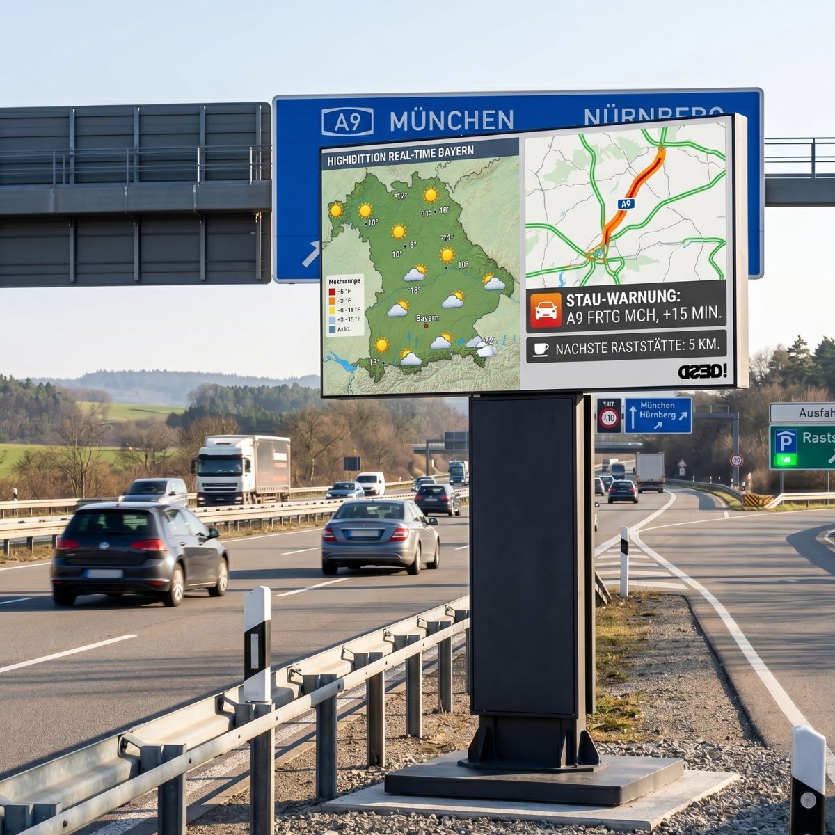 LED Werbetafel an der Autobahn A9 Richtung München mit Verkehrsinformation und Stauwarnung