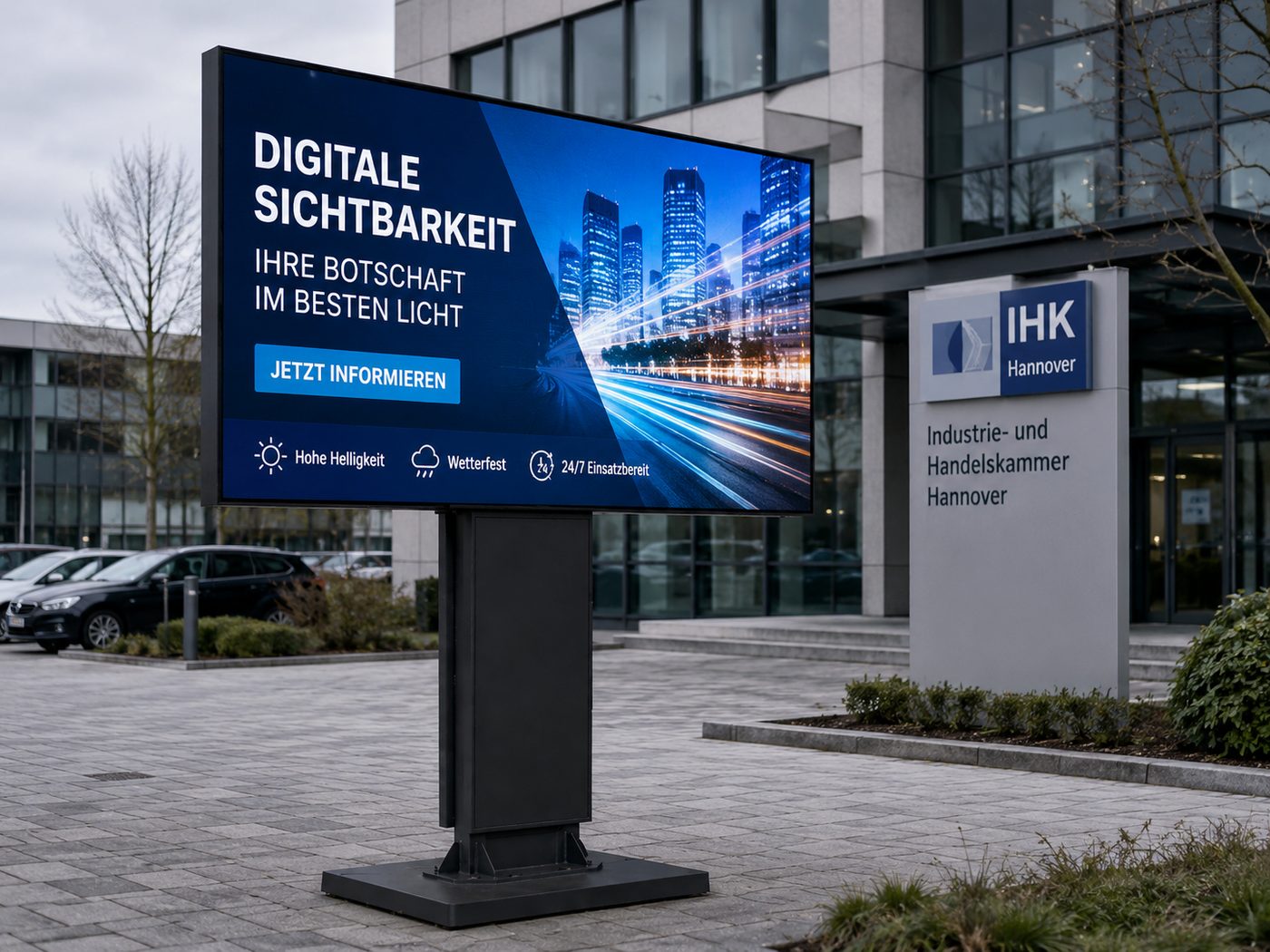 LED Werbetafel vor dem Bürogebäude der Industrie- und Handelskammer Hannover