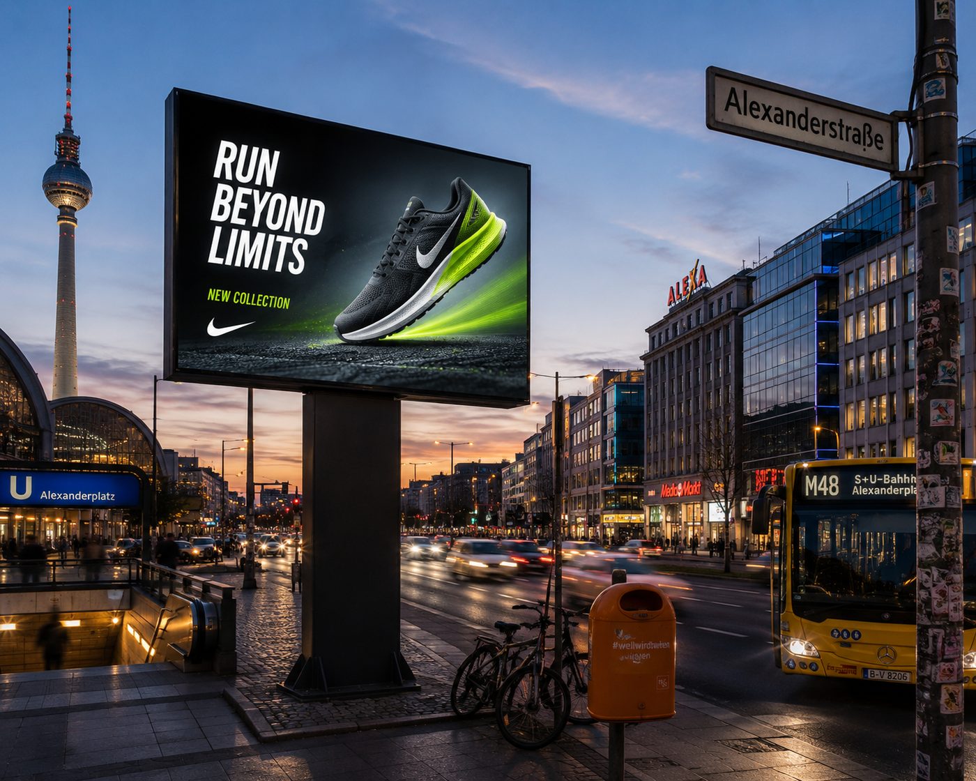 LED Werbetafel am Alexanderplatz in Berlin bei Dämmerung mit Sportartikel-Werbung