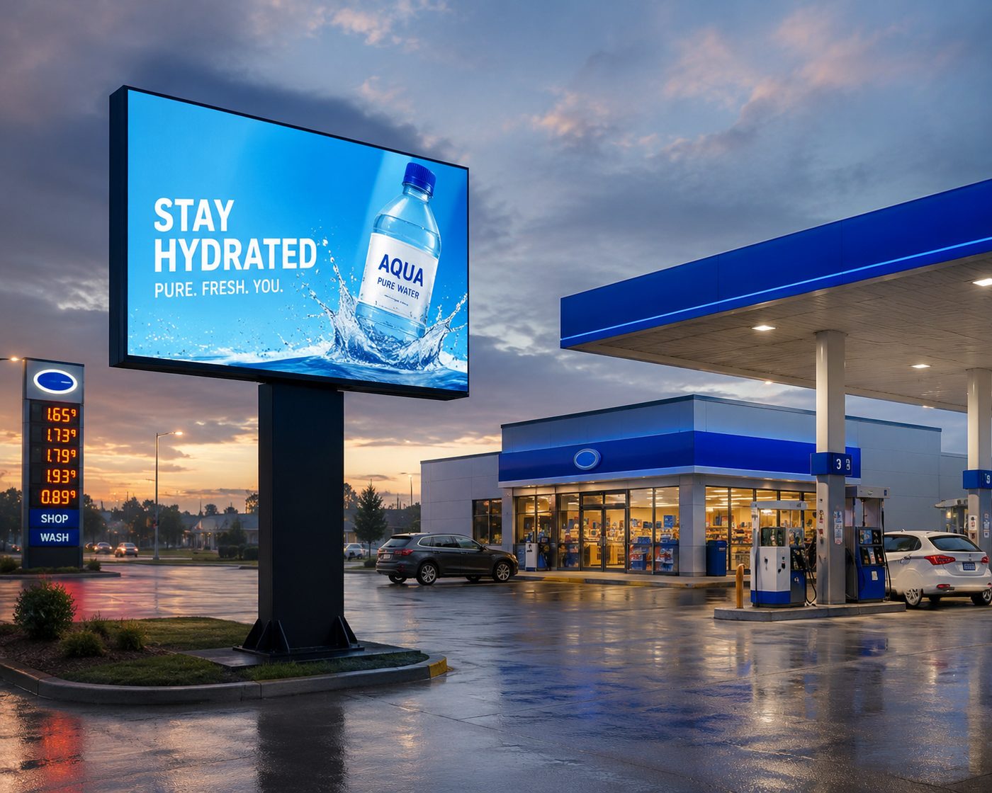 LED Werbetafel auf dem Gelände einer Tankstelle, Getränkewerbung bei Regenwetter