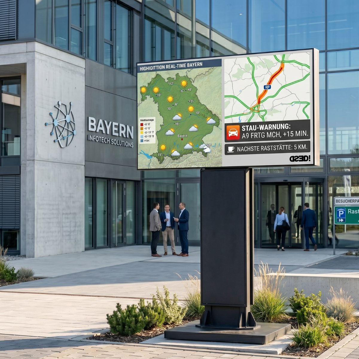 LED Werbetafel als Informationstafel vor einem Verwaltungsgebäude mit Echtzeit-Verkehrskarte