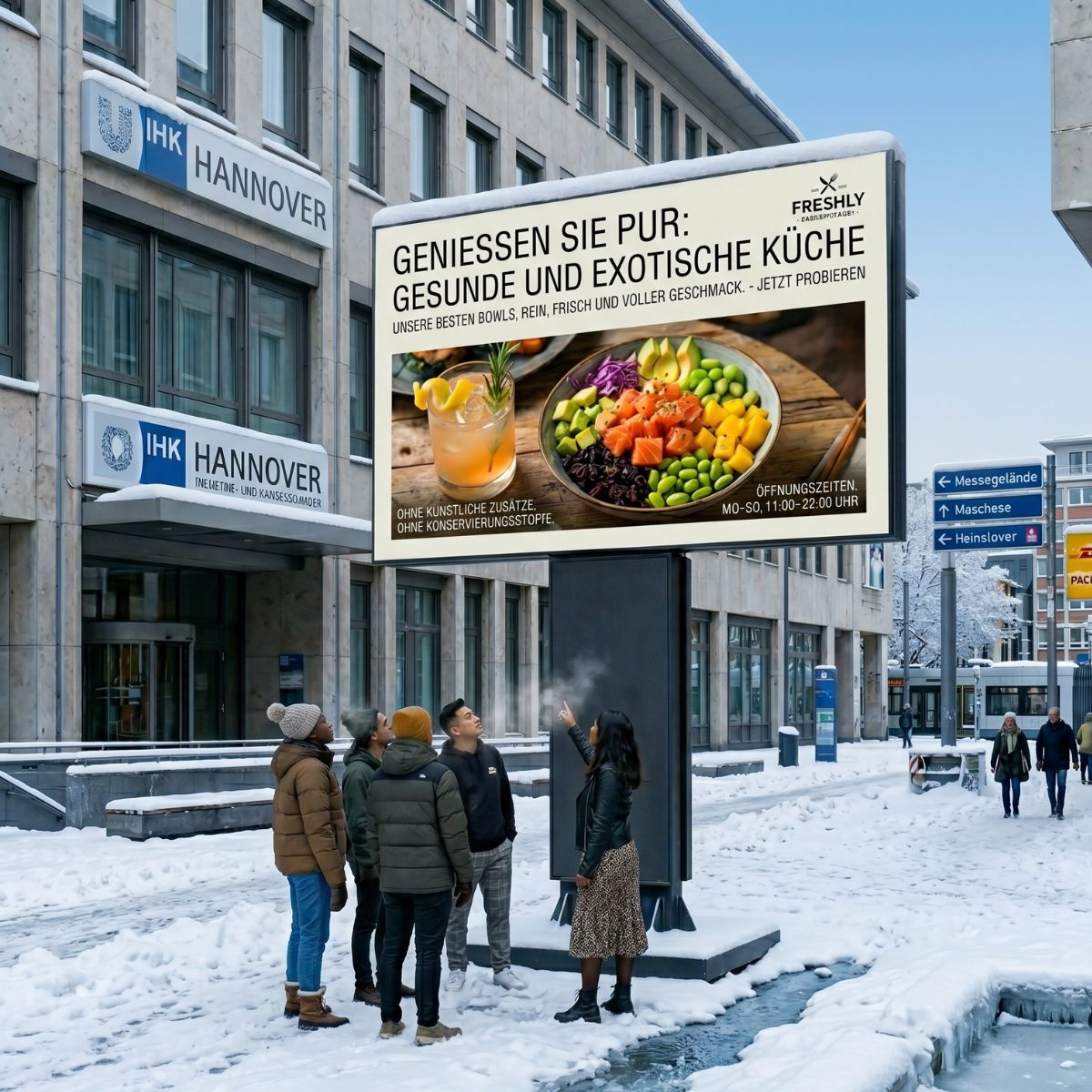 LED Werbetafel im Winter vor einem Bürogebäude, Passanten davor, Gastronomie-Werbung